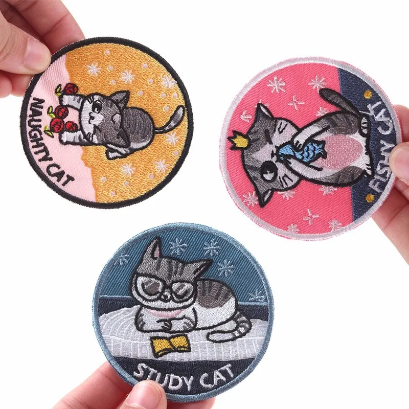 

Pulaqi 3 CAT Friends Patches Iron On Clothes Hat T-shirt Overcoat Fishy Study Naughty Cats Patch For Men Kids Women Decor F