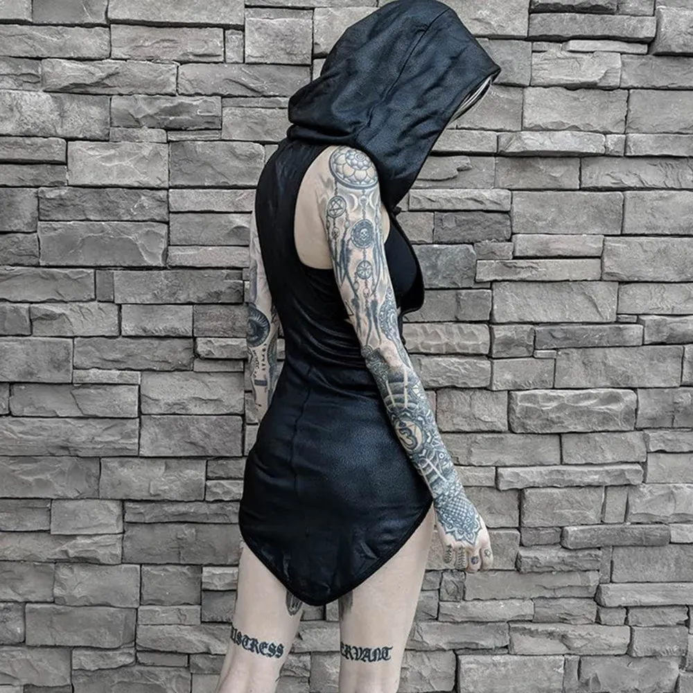 Rosetic Сексуальное Тонкое Короткое Мини Платье асимметричное с капюшоном Harajuku Goth
