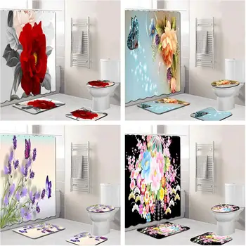 

4Pcs/Set Elegant Flowers Pattern Shower Curtain Mat Set