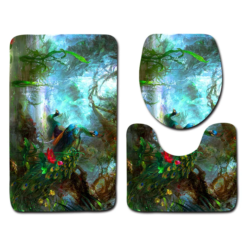 

Non-slip Peacock Bath Mats 3pc Toliet Rugs Set Seat Cover Accessories 3D Printing Bathroom Mat Set Carpet Fleece Doormat Blanket