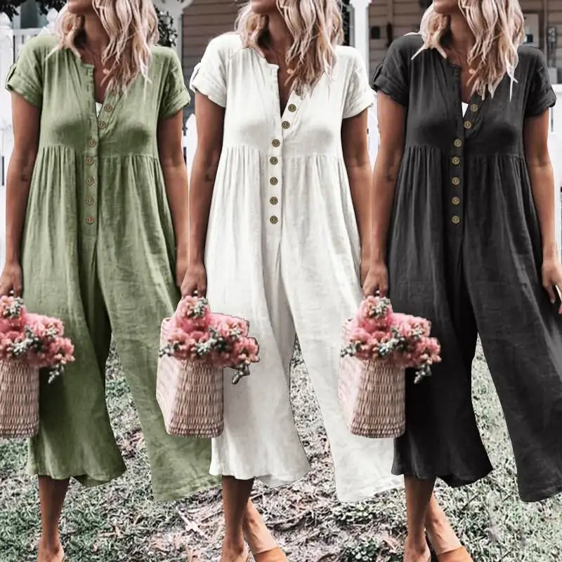 

Celmia 2019 Summer Wide Leg Trouser Women Jumpsuits Vintage Bib Overalls Short Sleeve Solid Loose Buttons Rompers Plus Size 5XL