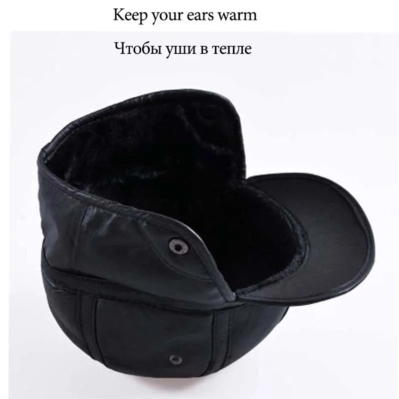 Online 2018 Winter Herbst Herren Schaffell Leder Kappe Warme Mütze Baseball Kappe Mit Ohren Klappen Russland Echtem Leder Hüte Für Männer