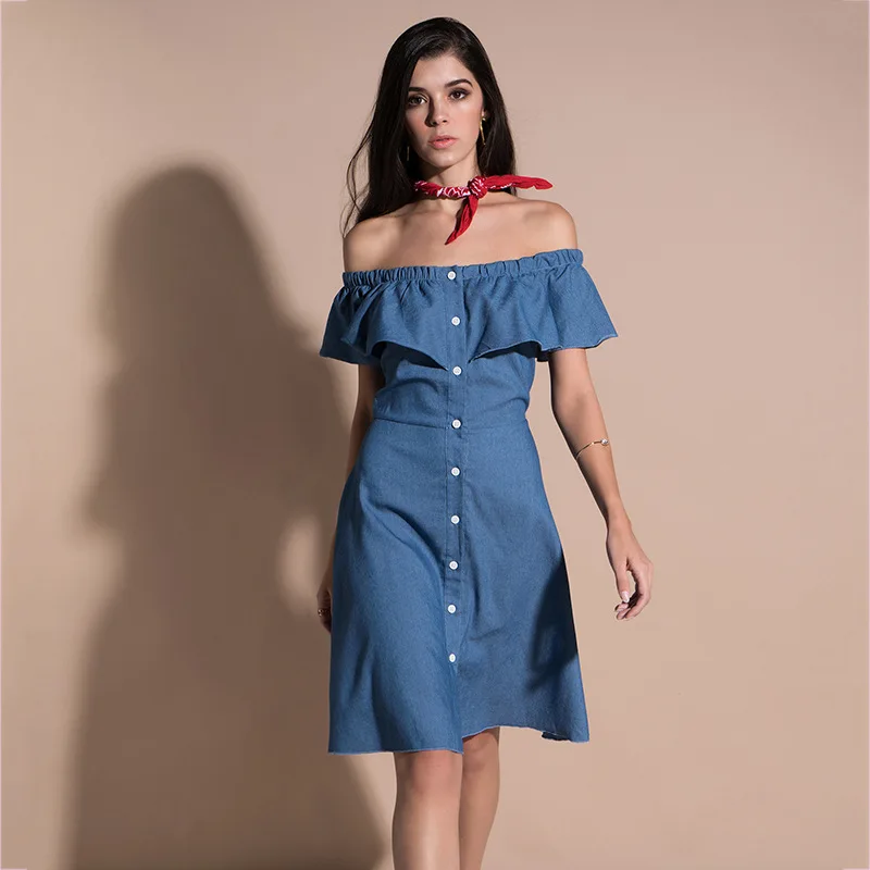 

2019 Spring New Style Dress Cross-Border AliExpress Explosion Models Solid Color Boat/Bateau Neckline Ruffle Trim Dress Wholesal