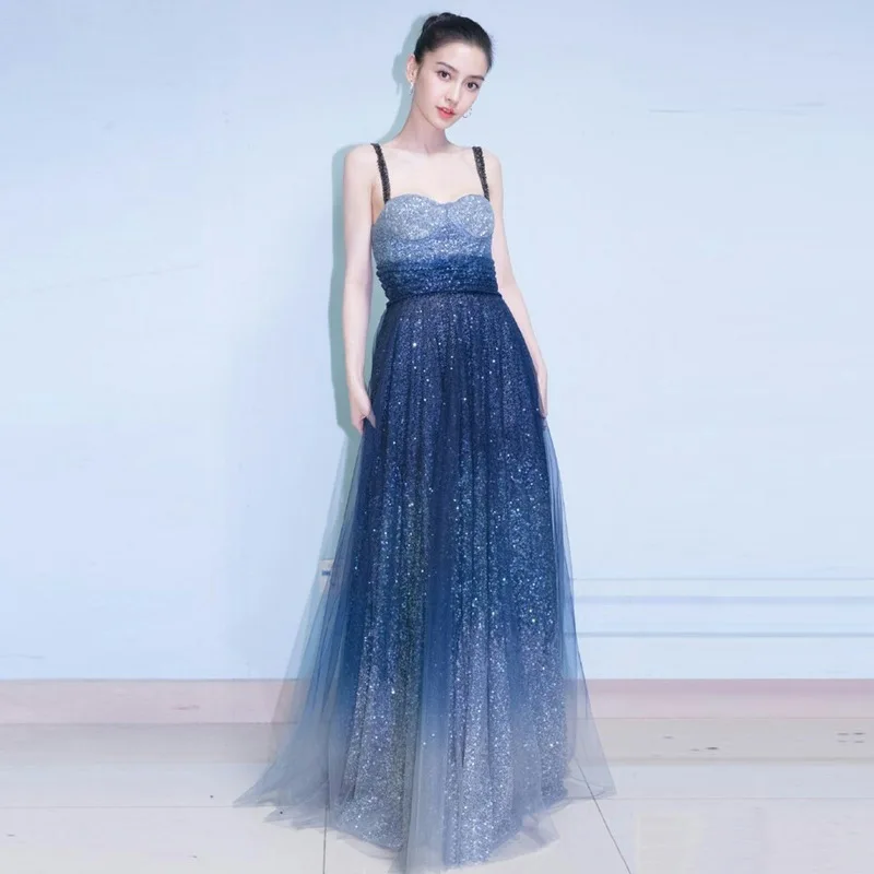 

2019 Summer Luxury Sequins Women Sexy SkyBlue Spaghetti Strap Maxi Dress Runway Designer Female Party Long Dresses Clothing