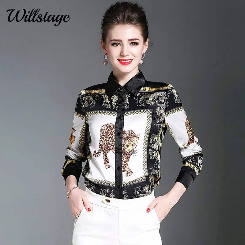 

Willstage 2019 Spring Women Chiffon Blouses Animal Leopard Printing Novelty Office Ladies Shirts Work Wear Chothing Tops 2XL
