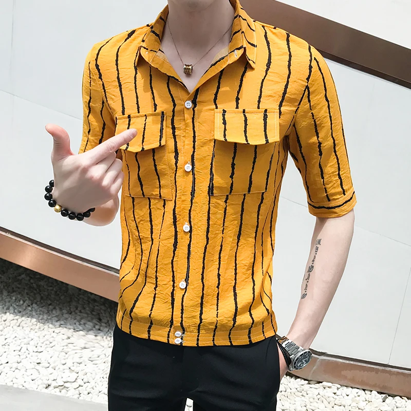 Goedkoop Casual Blouses 2019 Mannen Shirt Jurk Mode Streep Afdrukken Turn Down Kraag Voorvak Ontwerp Shirt Mannen Slim Fit Mannen kleding