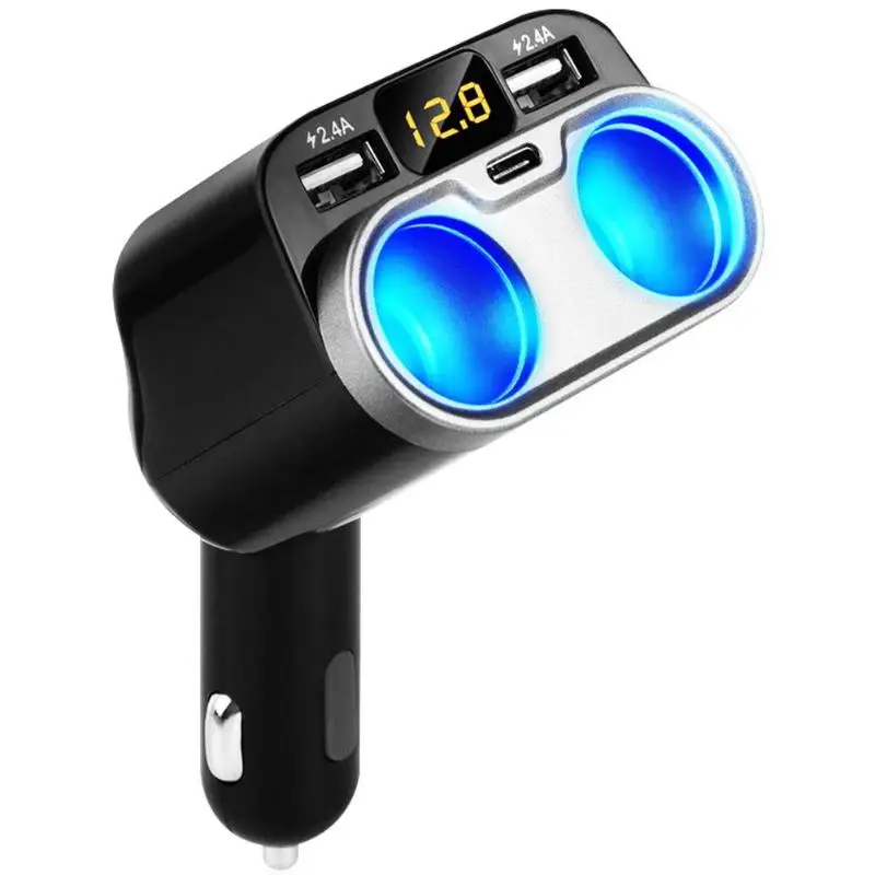 

80W 2-Socket Car Cigarette Lighter Splitter Dual USB+Type C Charger Adapter USB Fast Charger Voltage Reminder Security Protect