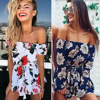 

Fashion Sexy Women Summer Clubwear Floral Off Shoulder Beach Playsuit Party Jumpsuit Romper Short Trousers