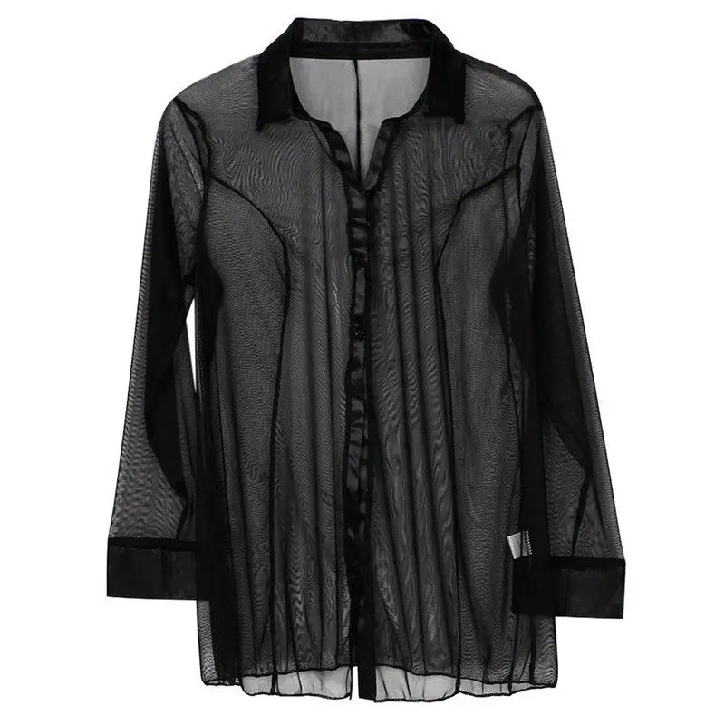Womens Tops Fashion Sexy Sleepwear Long Sleeve Shirts Mesh Sheer Pajamas Transparent Ladies Shirt