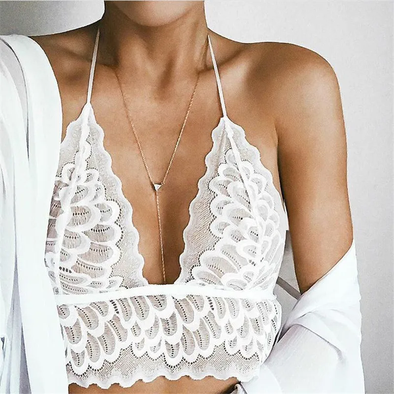 

Sexy halter white lace bra bralette Unpadded mesh hollow out brassiere Summer transparent crop top lingerie sexy unlined bras
