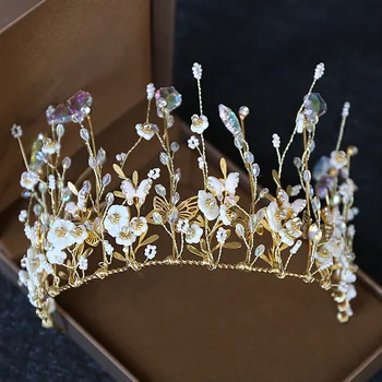 

New Style Crystal Wedding Crown Golden color Leaves Bridal Headbands Pearl Beads Tiara Women Hair Ornaments Jewelry For Girls