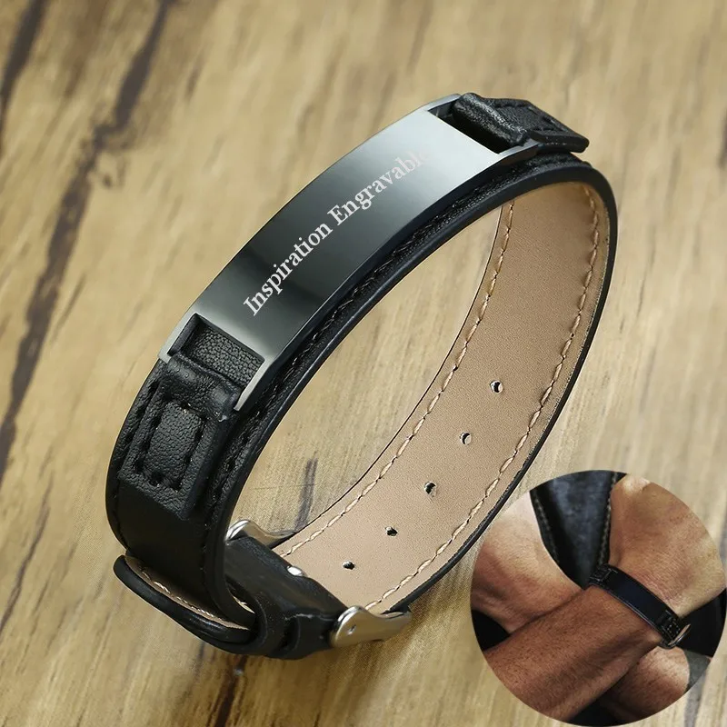 Men's ID Tag Bracelet Men Leather Bangle Inspiration Personalized