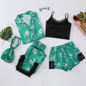 

Lisacmvpnel 5 Pcs Printing Lace Sexy Women Pajamas Ice Silk New Top+Pant+Nightdress Set Sleepwear Spring Fashion Pajama Set
