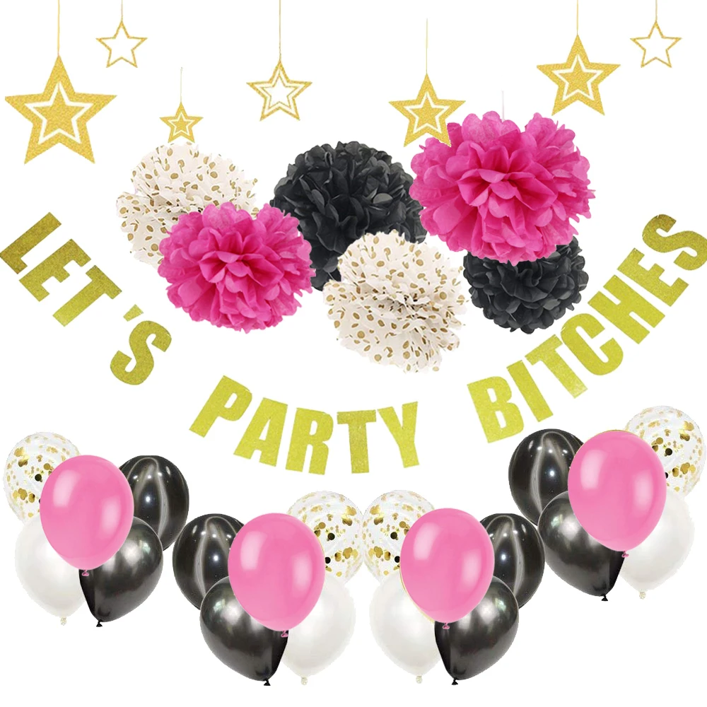 

12pc Hot Pink Black Gold Let's Party Bitches Banner Star Ornaments Confetti Latex Balloons Hen Party Bachelorette