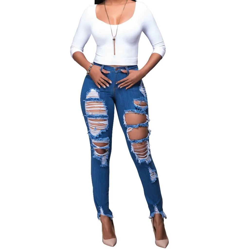 2019 новые летние для женщин рваные с высокой талией джинсы для карманы Твердые выдалбливают узкие джинсовые узкие брюки повседневное