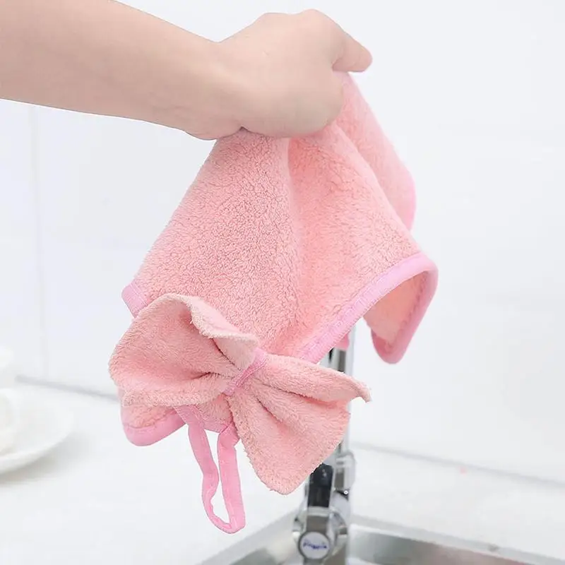 1pc Eco-friendly Soft Coral Velvet Cartoon Bow Towel Can Be Hung Kitchen Cleaning Used Sanitary Household Cloth Random Color