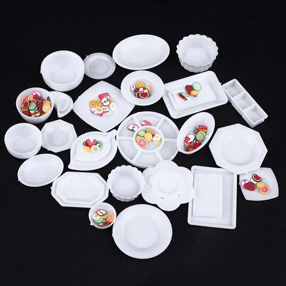 

33 Pcs/set Dollhouse Miniature Tableware Plastic Plate Dishes Set Mini Food Plastic Tableware Model Set