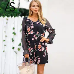 2019 Весна Boho комбинезоны для девочек для женщин комбинезон цветочный шифон Playsuit рюшами шнурок О образным вырезом фонари с длинным рукаво