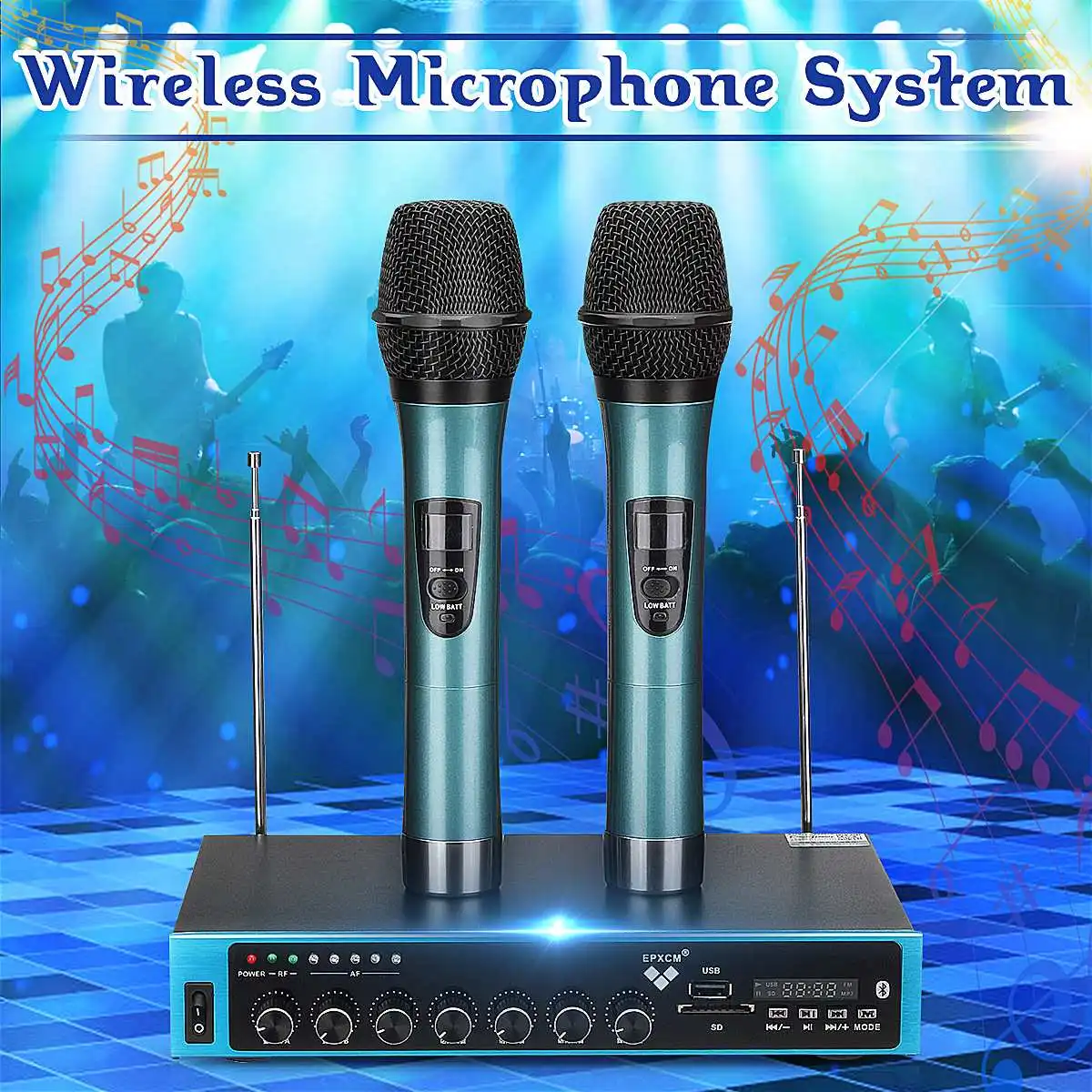 

Professional Cordless Wireless bluetooth UHF Dual Channel Microphone System 2 Handheld Mic Karaoke KTV Power Amplifier Music