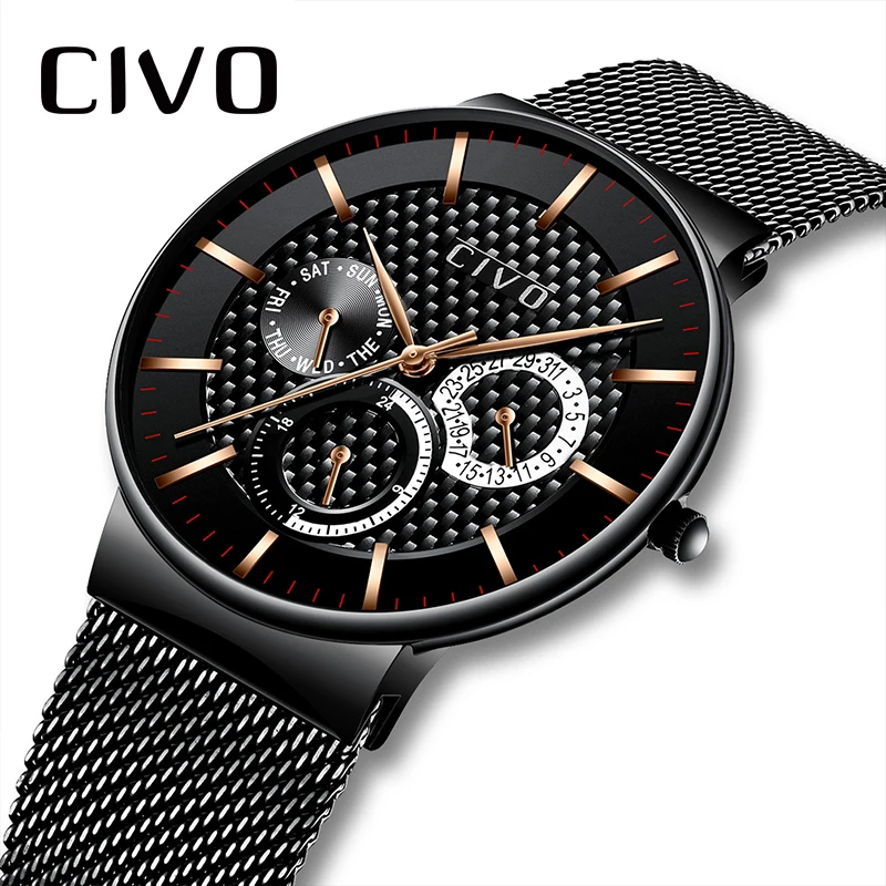 

CIVO Luxury Top Brand Mens Watch Casual Sports Waterproof Chronograph Date Watches For Men Black Steel Mesh band reloj hombre