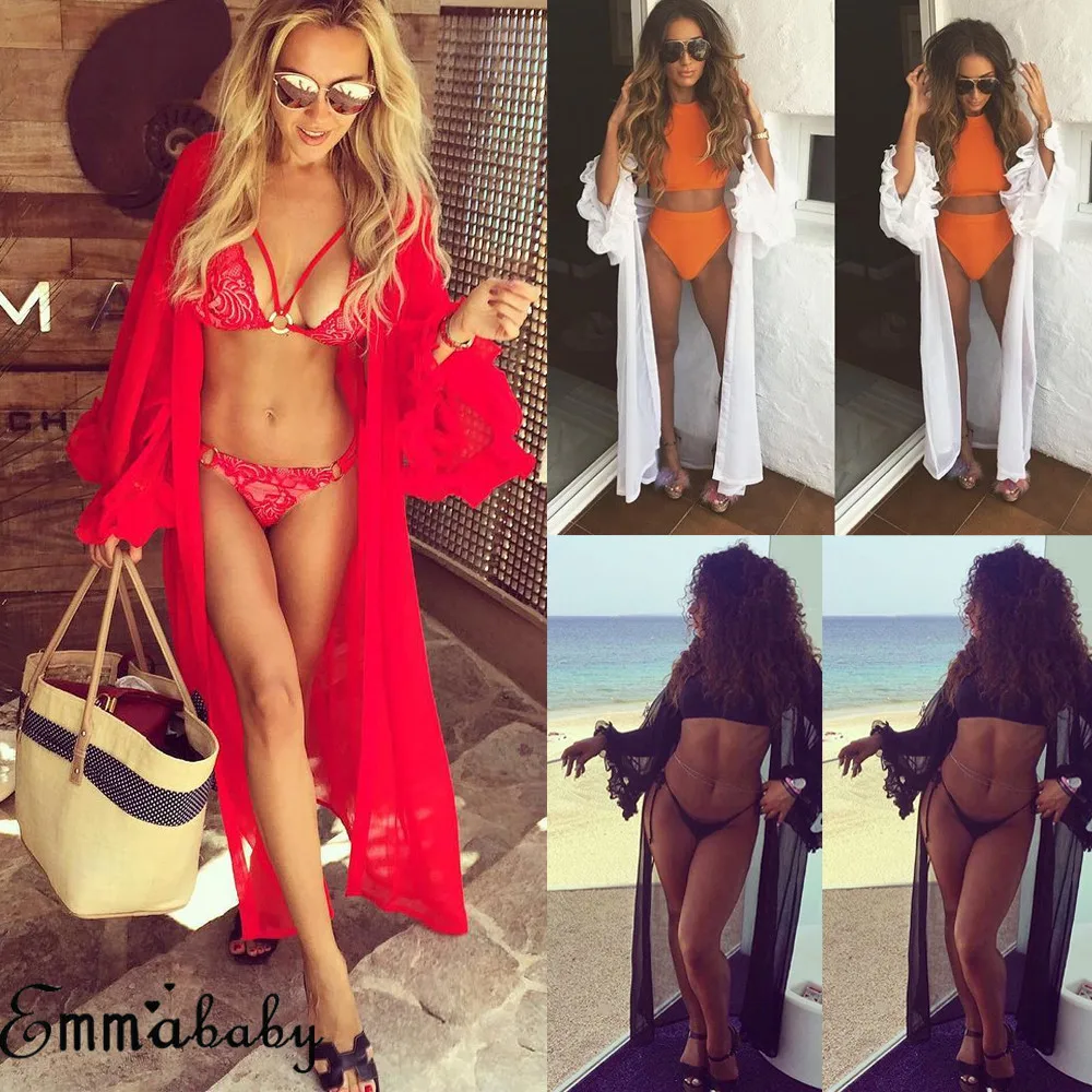 

THEFOUND Sexy Women Solid Long Maxi Dress Swimwear Beach Cardigan Sheer Bikini Cover Up Kaftan