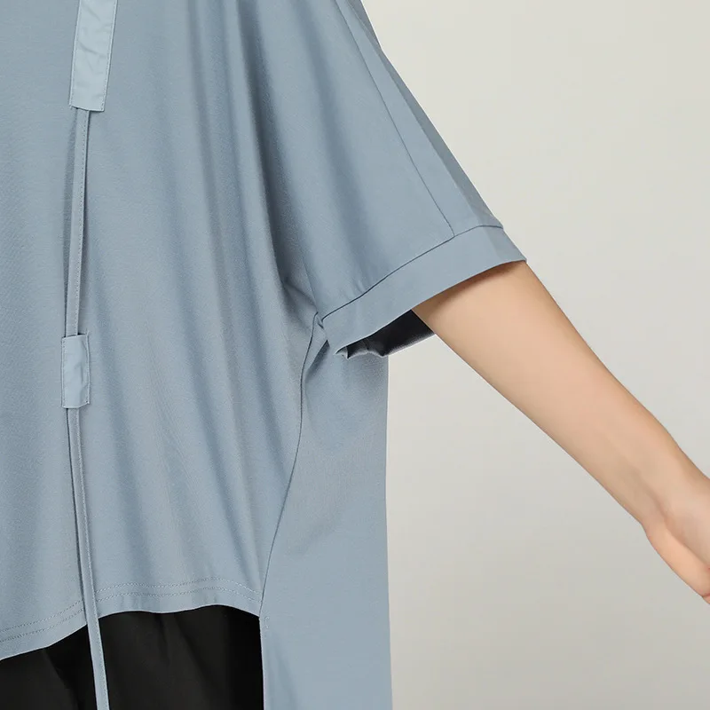 LANMREM летняя Стильная модная женская тонкая одежда с круглым вырезом, винтажная Асимметричная футболка с рукавами «летучая мышь» и завязками WF82900