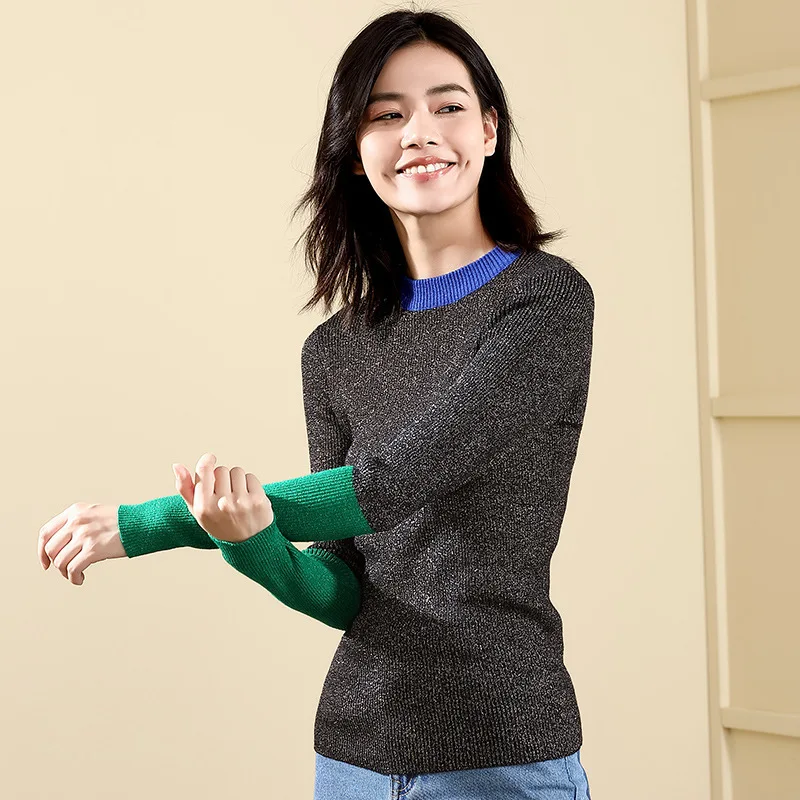 2018 Autumn and Winter sweater woman knitting pullover long sleeve spelling color fashion rendering sweater woman winter 18101 2018 Autumn and Winter sweater woman knitting pullover long sleeve spelling color fashion rendering sweater woman winter 18101