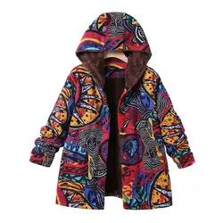 Женская зимняя теплая верхняя одежда с цветочным принтом с капюшоном с карманами винтажное оверсайз пальто с длинным рукавом на молнии