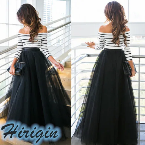 

Summer Dresses NEW Womens Slash Neck Striped Long Sleeve Top+Multi Layer Tulle Pleated Retro High Waist Black Dress