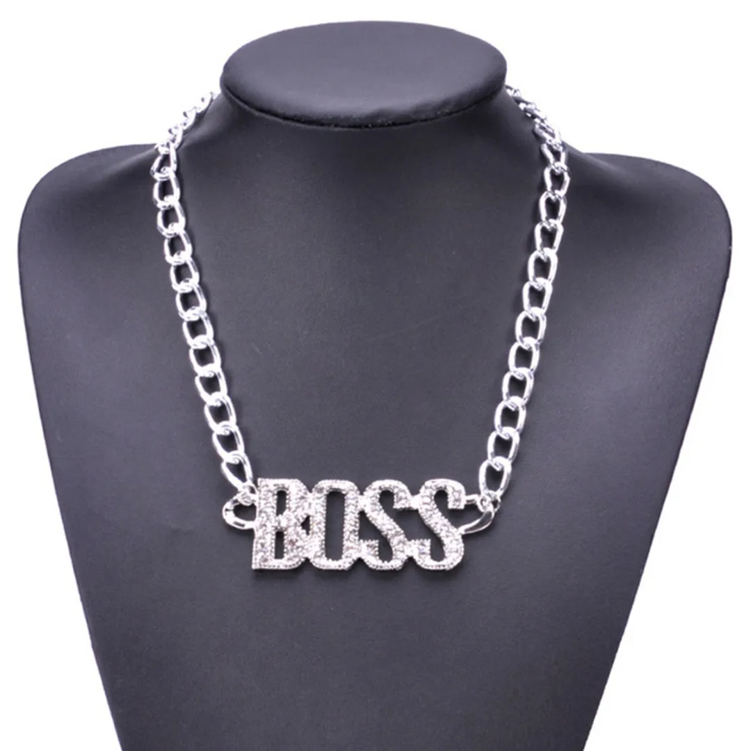 

Punk Gothic BOSS Necklace with Full Rhinestone For Men Rock Hip Hop Charm Choker Chain Necklace Retro Personalized Necklace