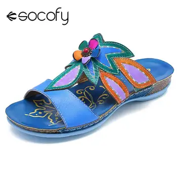 

SOCOFY Sandals Hand Painted Bohemia Flowers Pattern Genuine Leather Stitching Soft Hook Loop Sandals Ladies Shoes 2020 Spring