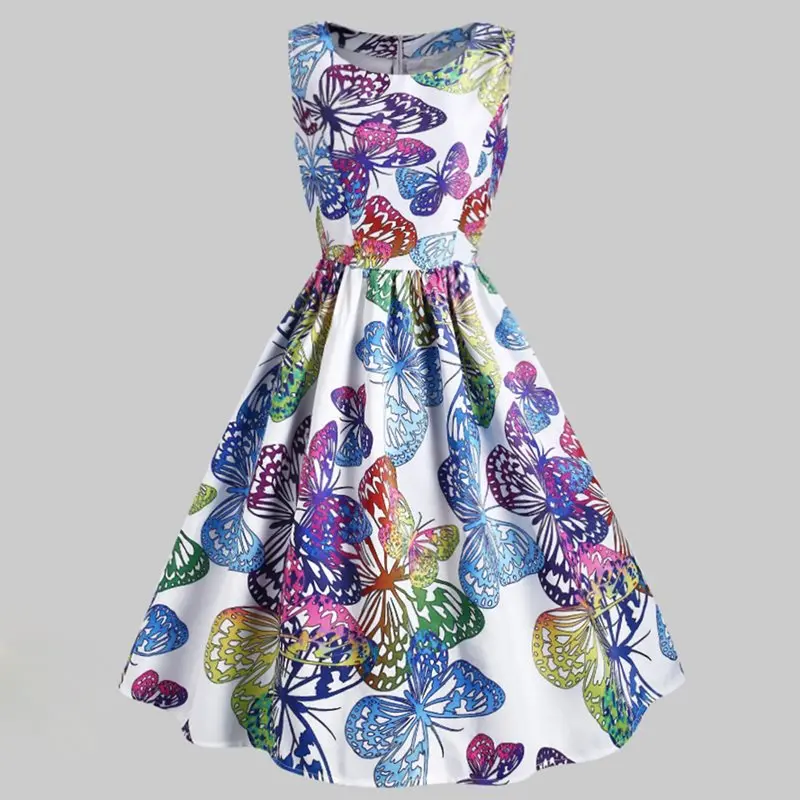 

Sisjuly Women Midi Dresses Elegant Vintage Office Lady White Simple Aline Floral Print Butterfly Animal Female Retro Dress