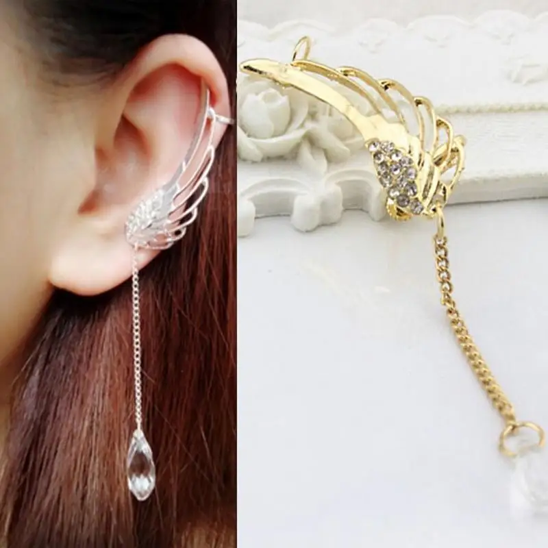 

Angel Wings Occident Style Fairy Angel Wings Ear Clip Crystal Pendant Chain Earring Silver Ear Accessories