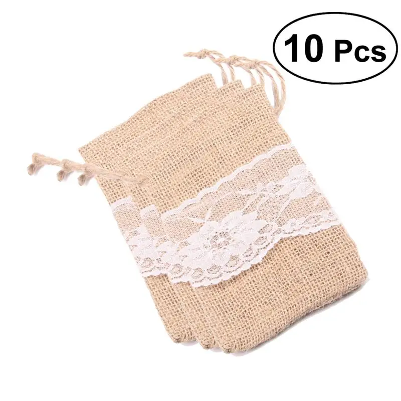 

10Pcs Burlap Drawstring Bags Lace Jute Linen Candy Gift Bags Sacks Jewelry Sweets Sack Pouch Wedding Party Favors Supplies