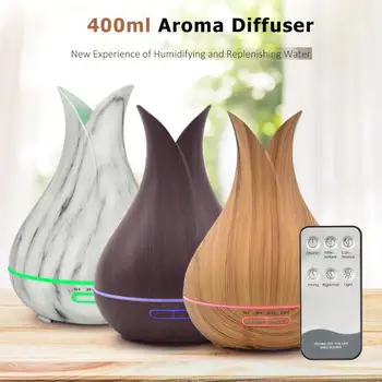

400ml Remote Control Aroma Essential Oil Diffuser Ultrasonic Air Humidifier Purifier with Wood Grain 7-color LED Light for Home