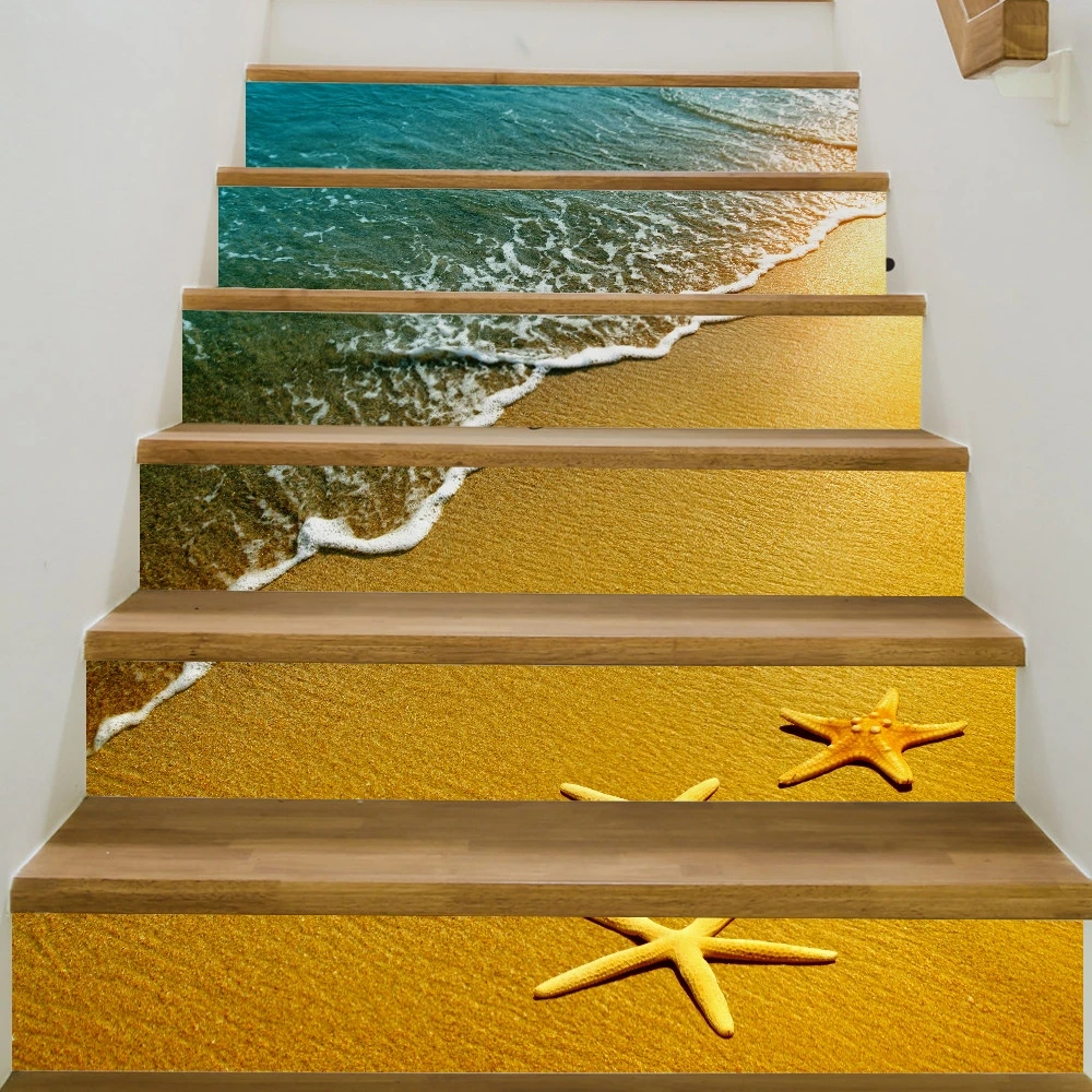 

Gold Beach Starfish Removable Decals For Kids Room Home Decoration Mural Simulation 3D Floor PVC Waterproof Stairs sticker