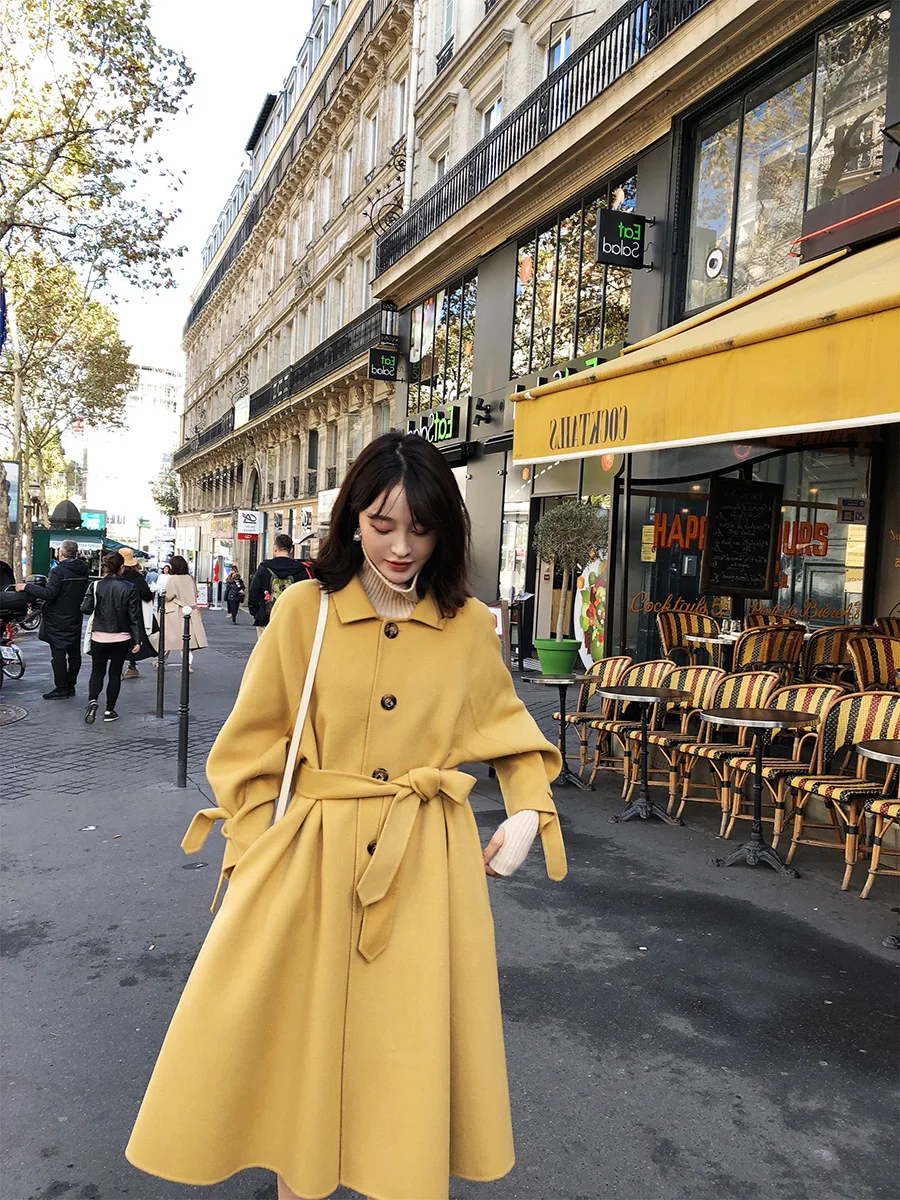 De Vert 2018 Style Mode Automne Pleine Double Long Femme face Laine Noir Hepburn Hiver Manteau Main Jaune xx1w4