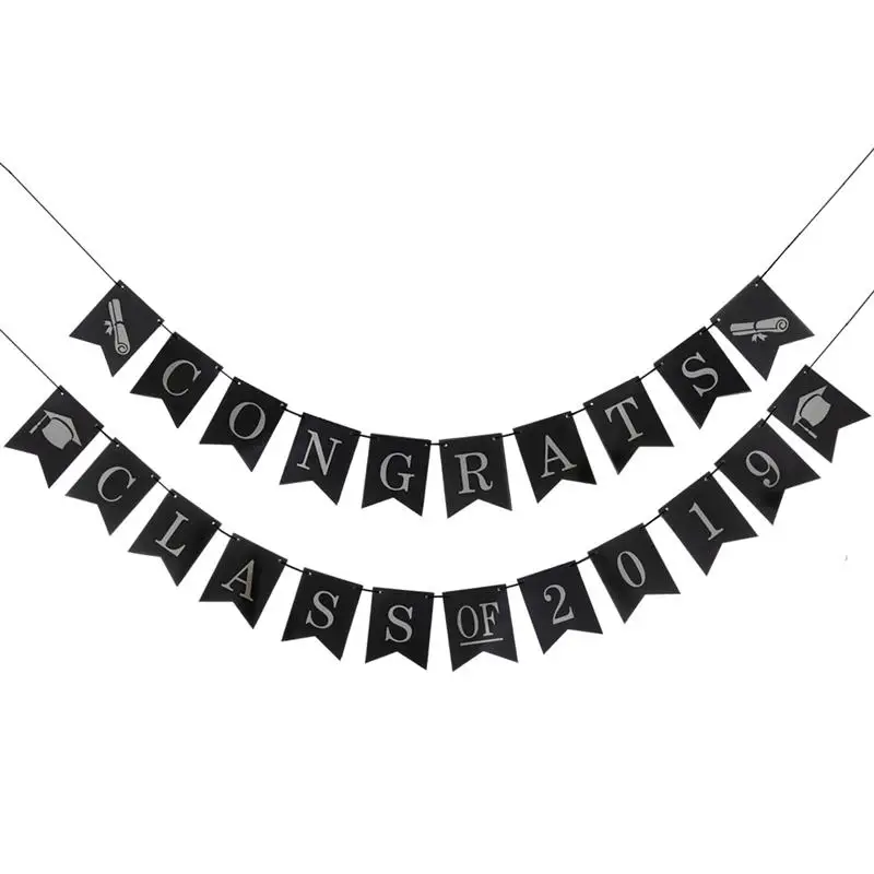 

1 PC 2019 Party Banner Swallowtail Shimmering Silver Letters And Black Background Graduation Banner For Graduation Party
