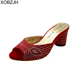 XOBZJH/Женская обувь, 2019 натуральная кожа, роскошные сандалии со стразами, красные Босоножки с открытым носком, высокий каблук, пикантная