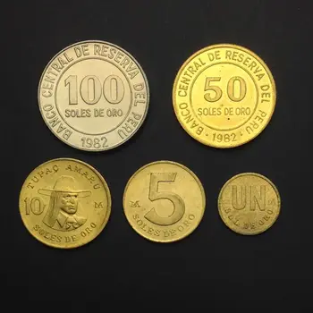 

[B-4] Peru Set 5 Coins, 1 5 10 50 100 Soles De Oro, 1978-1983, A-UNC, Collection, America, Real Original Genuine coins
