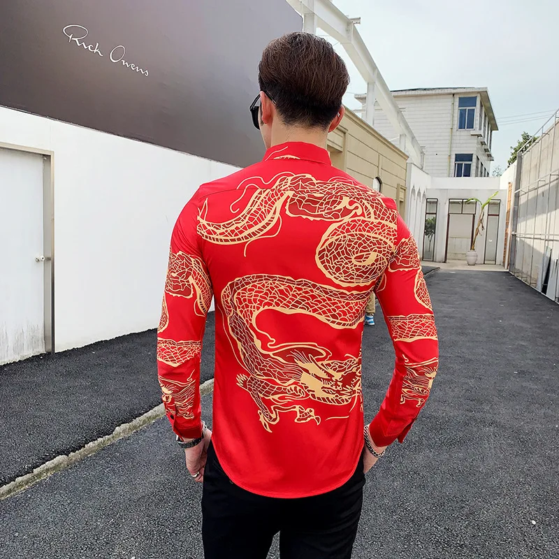 Мужская рубашка с длинным рукавом в китайском стиле с принтом дракона, Повседневная приталенная винтажная рубашка, смокинг для ночного клуба, рубашки для мужчин, Camisa Social