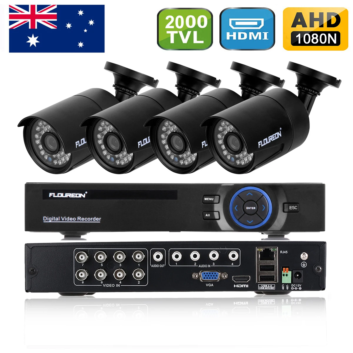

FLOUREON 1 X 8CH 1080N AHD DVR + 4 X Outdoor 2000TVL 960P 1.3MP Camera Security Kit AU