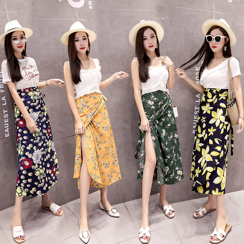Летняя длинная юбка с цветочным принтом Bohomia Женская Весенняя прямая шифоновая кружевная юбка с высокой талией в Корейском стиле