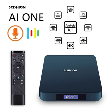 

SCISHION AI ONE TV Box Voice Control Android 8.1 TV Box RK3328 Quad Core 2GB/16GB WiFi BT4.0 HD Media Player Display Screen