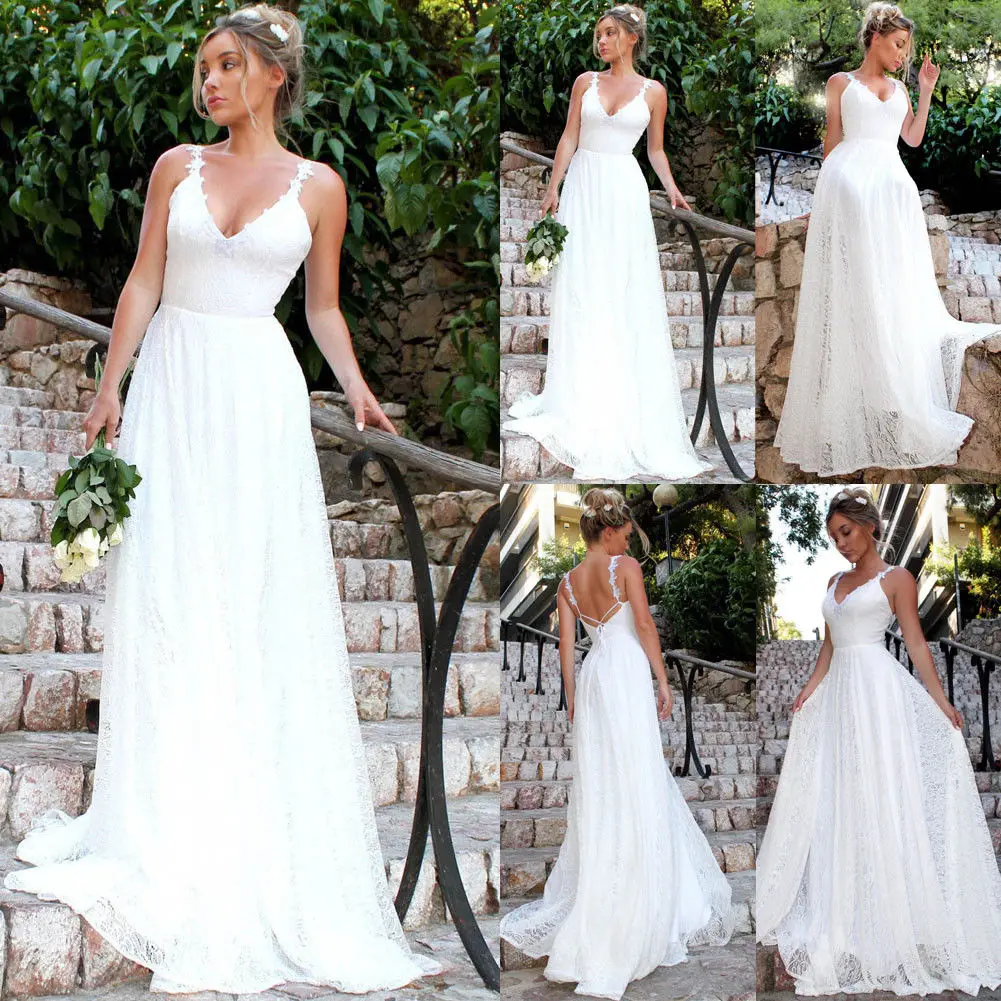 

2019 Ladies Solid White Evening Party Long Dress Women Summer Sexy Party Sleeveless V-Neck Lace Elegant Formal Backless Dresses