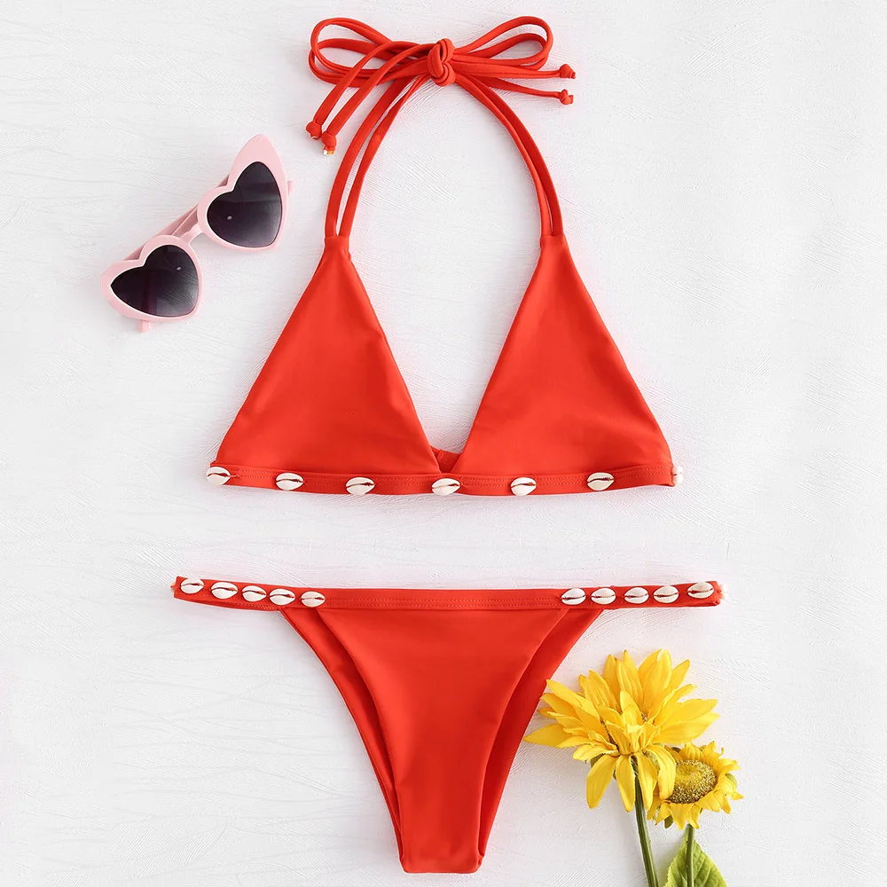 

ZAFUL String Shell Patch Bikini Set Halter Bandage Thong Bikini 2019 Unlined Top Low Waist Bottom Swimsuit Brazilian Beachwear
