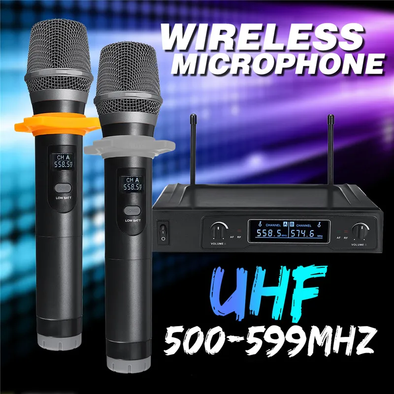 حار بيع 220 V/50Hz UHF بعيدة المدى مزدوج قناة 2 يده ميكروفون الارسال المهنية الكاريوكي نظام مكبر صوت لا سلكي ذو تردد فوق العالي