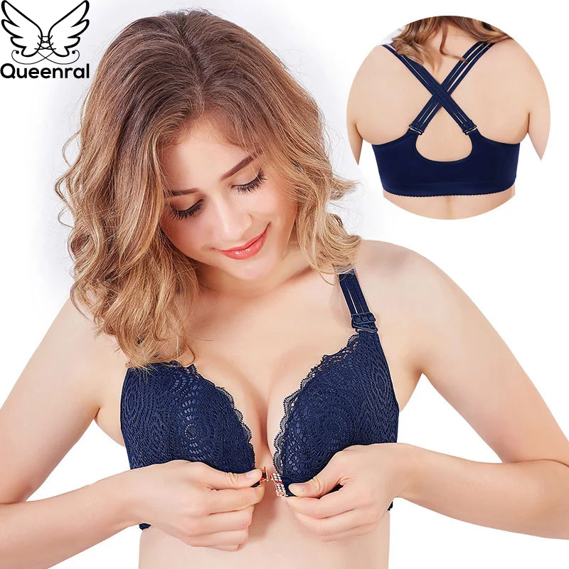 

Queenral Front Closure Plus Size Bra Wire Free Ultra-thin Sexy Lace Bra Large Size Women Underwear Adjusted-straps C D E Cup