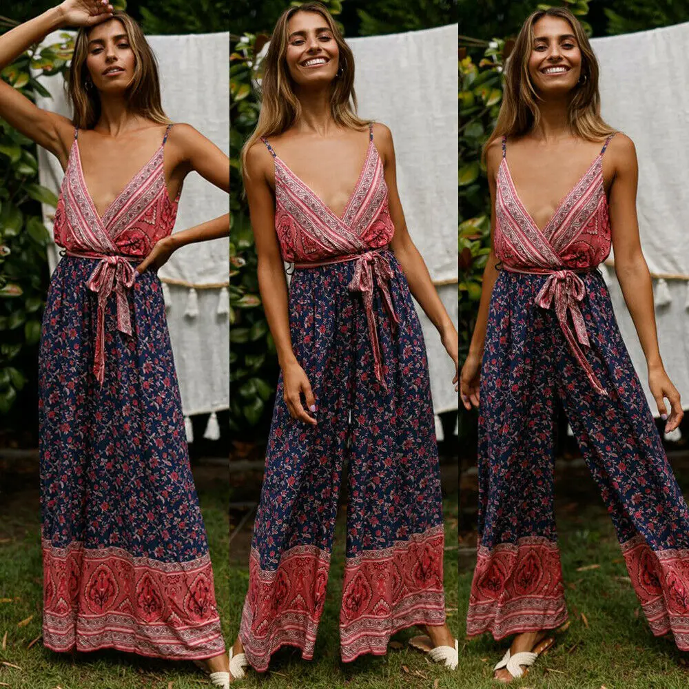 

Sexy Women Jumpsuit Summer Boho Style Sleeveless Romper Clubwear Party Clothes Floral Jumpsuit One Piece Playsuit Loose Trousers
