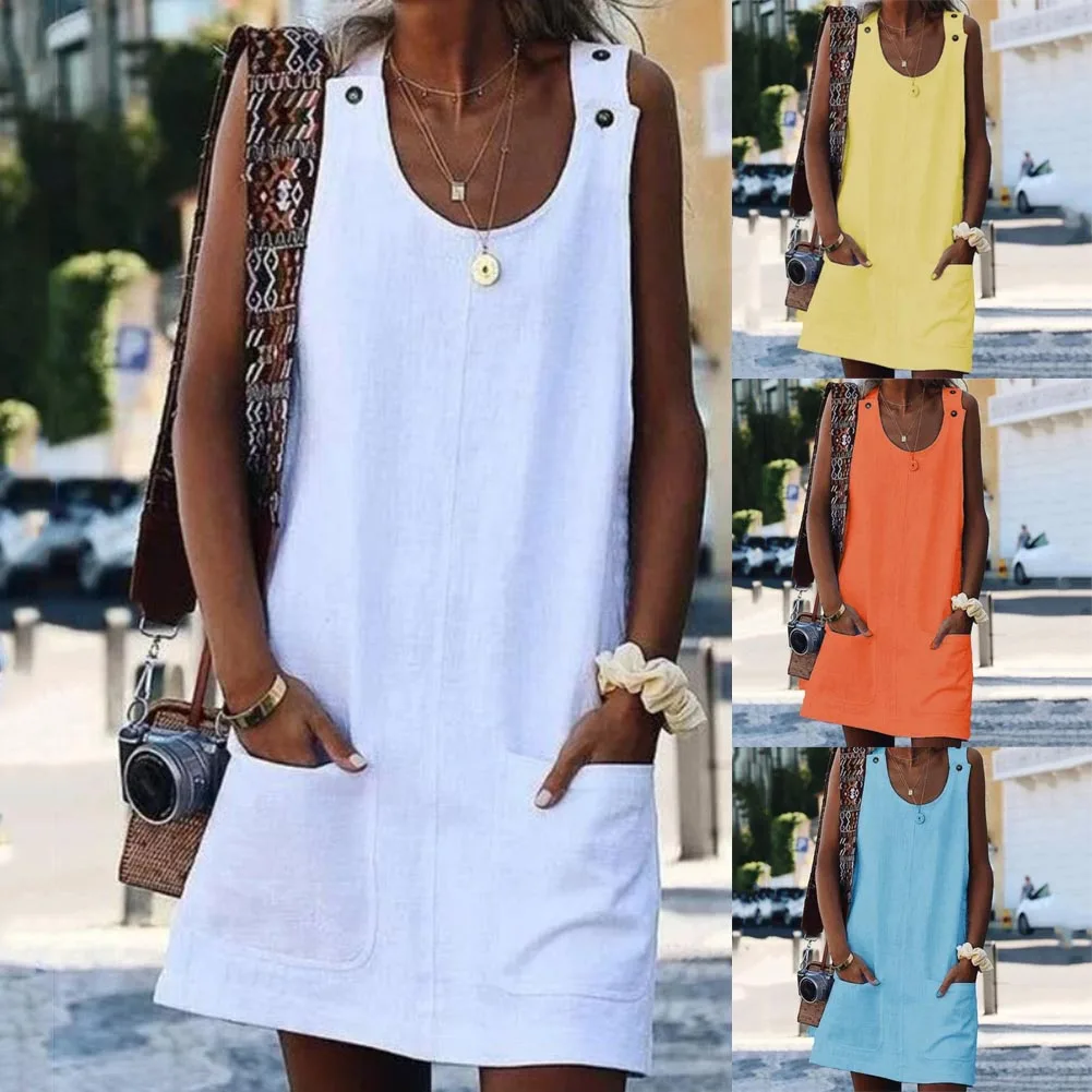 

Plus Size Women Summer Dress Button Vest Tank Vestido Dress Casual O Neck Cotton Linen Party Dresses Vestidos Femme